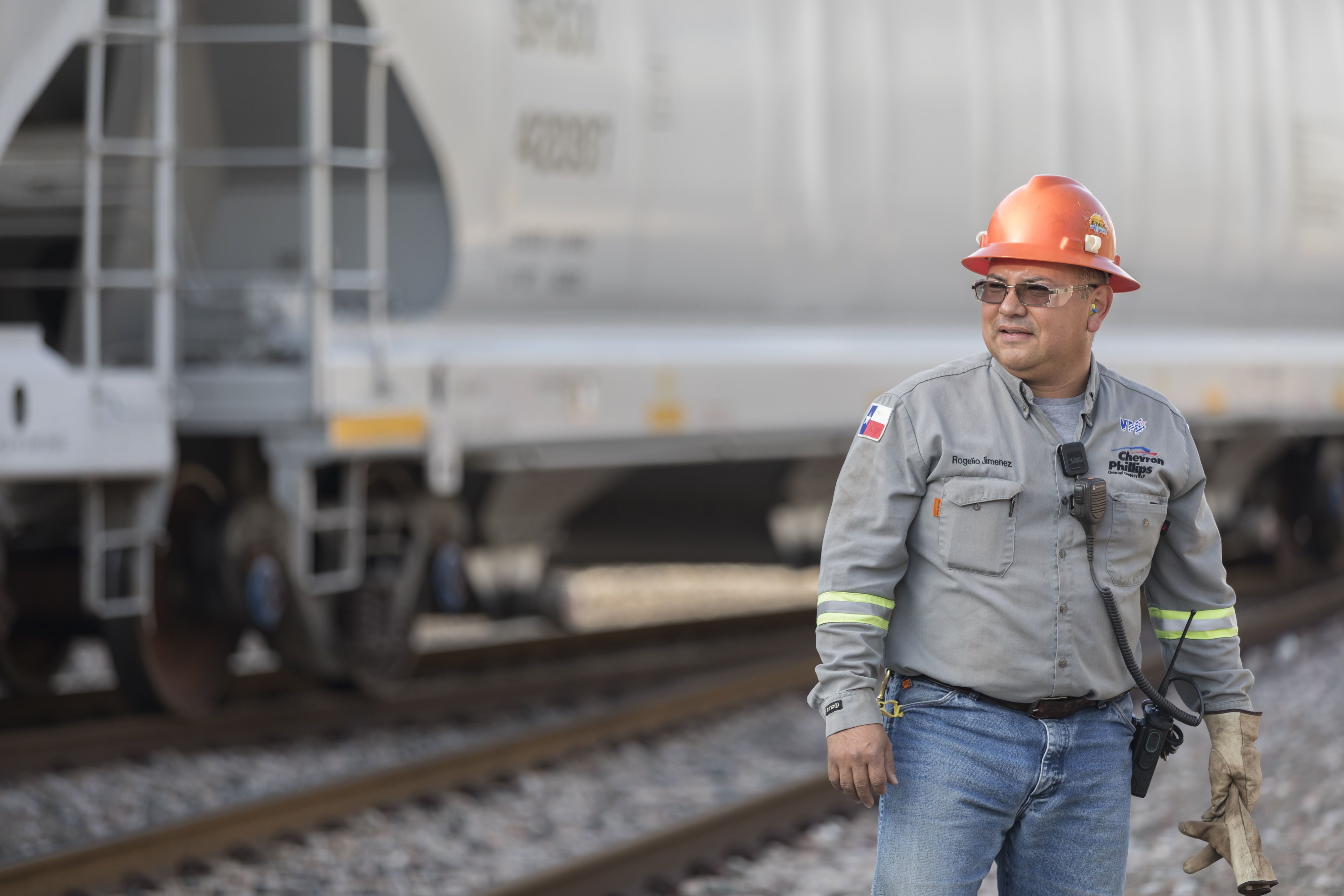 Employee next to railcar
